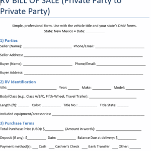 RV Bill of Sale - New Mexico